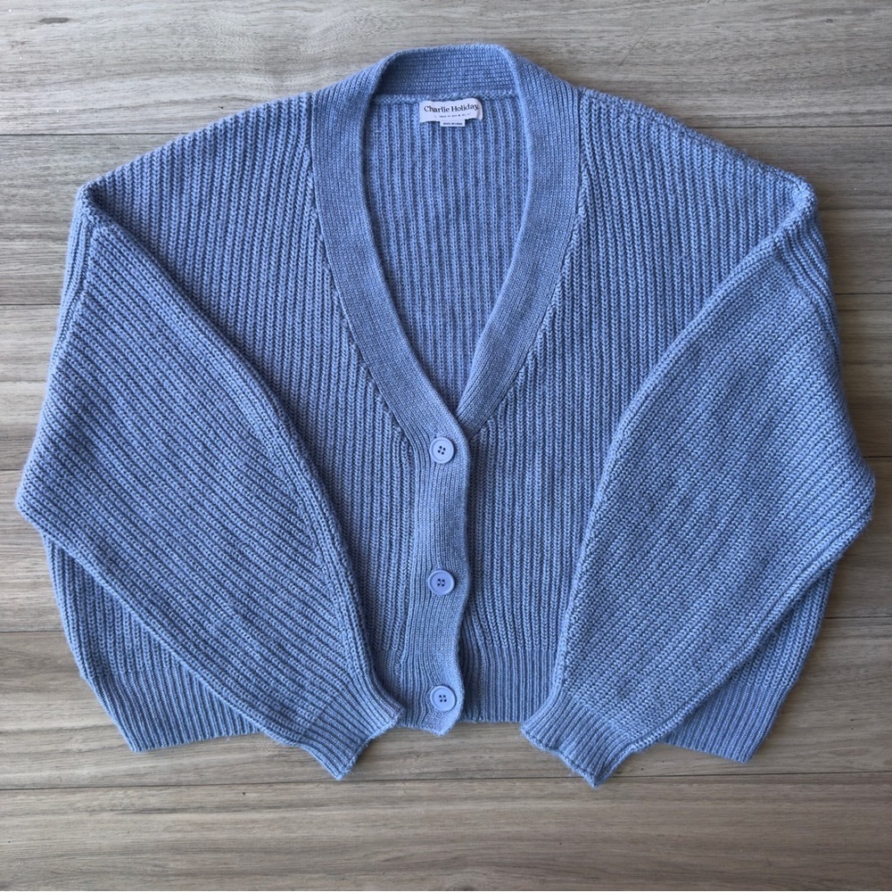 Charlie Holiday Henry Cardigan Sweater in Maya Blue Wool Mohair Blend Size XL - Picture 3 of 8